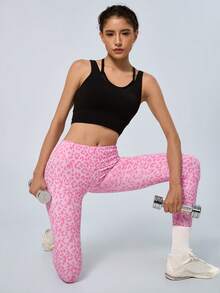 NcmRyu 1pc Women's Leopard Print Seamless Ruched Butt High Waist Athletic Leggings - Pink - View 6