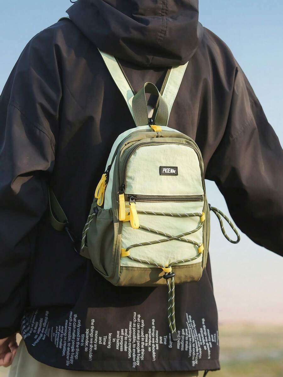 Unisex Mini Hiking Backpack, Color Block Small Outdoor Daypack With Elastic Rope Decor, Padded Adjustable Shoulder Straps - Multicolor - View 1