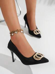 NANBEI ZUO Fashionable Gold Buckle Women's Black Fine Heeled Shoes - Simple And Versatile Office Style Spring/Autumn Daily Pointed Toe High Heels - Black - View 5