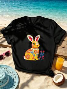 Women's Summer Floral Bunny Print T-Shirt, Crew Neck, Loose Fit, Casual, Comfortable, Unique Graphic Print - Black - View 2