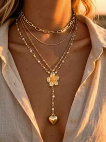 4pcs Multi-Layer Stackable Fashion Minimalist Elegant Exquisite Vintage Design Geometric Flower Heart Square Faux Pearl Chain Minimalist Metal Style Multi-Layer Pendant Necklace Set Y-Shaped Necklace Holiday Vacation Party Date Gift Daily Commute Wear Personalized - Yellow Gold - View 6