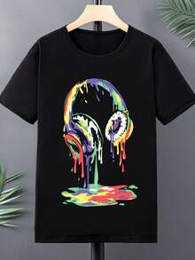 Tops Abstract Art Pattern Men's  Casual Loose Short-Sleeve Unisex Summer T-Shirt - 黑色 - 查看 1