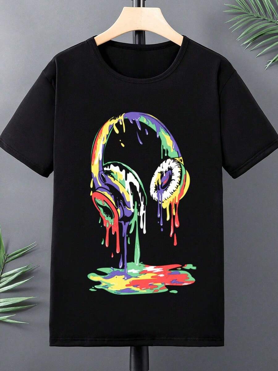 Tops Abstract Art Pattern Men's Casual Loose Short-Sleeve Unisex Summer T-Shirt - 黑色 - 查看 1