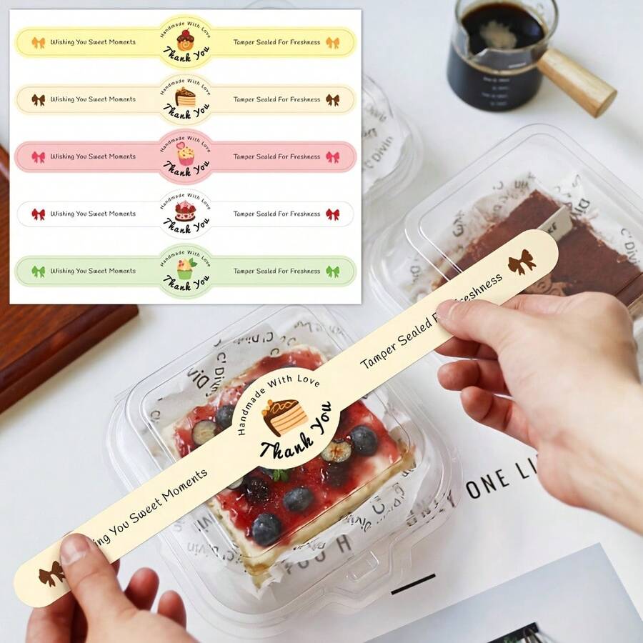 50 Stücke glänzende Cupcake-Versiegelungsaufkleber, dekorative Etiketten für Backwaren- und Dessertverpackungen für Kunststoff/Stoff/Holz/unregelmäßig geformte Oberflächen, Einweg-Kuchen-Versiegelungsaufkleber mit englischem Text & Kuchenmustern, süße Bäckerei-Dekorationsartikel für Geburtstage - Verschiedenfarbig - Übersicht 1