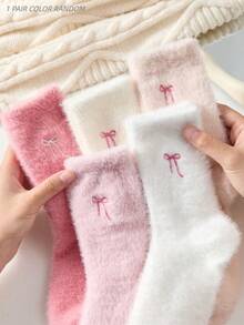 15/10/5/3/1 Pair Bow Pattern Plush Over-The-Knee Socks For Women, Warm And Soft, Suitable For Autumn/Winter, Also An Ideal Gift. Women's Autumn Socks - Multicolor - View 15