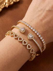 1 Set Fashion Heart Hollow Women's Bracelet 3 Pieces Set, Gold-Plated Glamorous Shiny Jewelry, Versatile Accessory For Party, Travel, Anniversary, Birthday Gift For Girlfriend - Jewelry Set - View 5
