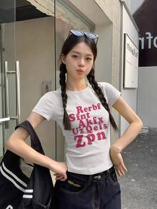 女款字母印花短袖T恤，夏季辣妹修身短版上衣，獨特設計休閒風 - 白色-1 - 查看 2