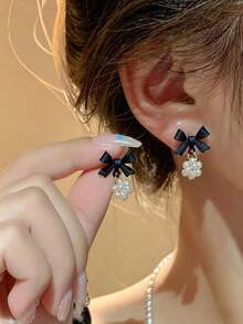 MESTILO 1 Pair Elegant Metal Enamel Blue Bow & Faux Pearl Dangle Earrings, Suitable For Women's Daily Wear, Eid, Mother's Day Gift - Blue - View 9