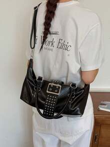 Small Niche Design Rivet Decoration Handbag, Simple And Versatile High-End Texture Buckle Tote Bag, Suitable For Street Friends Gathering, Commuting - Black - View 5