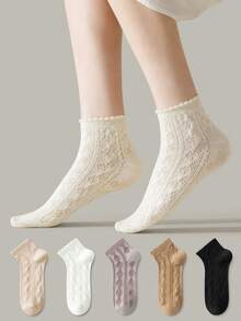 ZUJO 5 Pairs Women's Lace Diamond Grid Cable Knit Short Socks, Simple And Comfortable, Suitable For All Seasons - Multicolor - View 1