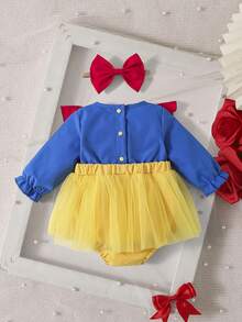 Baby Girls Autumn New Fashion Versatile Cute Dopamine Color Block Casual Bodysuit With Ruffle Hem, Bow Decor, Mesh Fabric, Matching Hair Tie, Suitable For Outdoor Wear - Multicolor - View 3