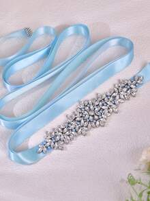 1pc Fashion Bridal Wedding Dress Belt, Light Blue Pearl Decoration, Handmade Rhinestone Waistband, Suitable For Party, Banquet Dress Waist Accessory - Blue Ribbon - View 4
