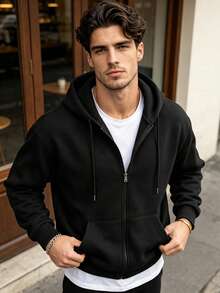 Men's Casual Solid Color Minimalist Versatile Hooded Sweatshirt Fleece Lined Loose Fit Jacket, Spring/Autumn - Black - View 3
