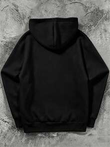 Men's Casual Solid Color Drawstring Plus Size Sweatshirt, Spring/Autumn Thin Style, Loose Fit 1XL-6XL, Suitable For Heavier Body Types - Black - View 4