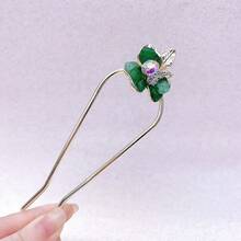 1pc Floral Print Bohemian Zinc Alloy Rhinestone Green Leaf U-Shaped Hair Pin, High-End New Chinese Style Metal Hair Stick, Vintage Fresh Hair Accessory For Updo, Suitable For All Seasons, Headband Hair Ornament - Multicolor - View 2