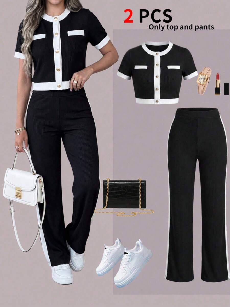 Spring Summer Autumn Women's New Casual Pants Set, Color Block Button Fake Pocket Design Round Neck Short Sleeve Top With High Waist Drapey Comfortable Long Pants, Suitable For Daily, Home, Outdoor And More - Black + White 1 - View 1