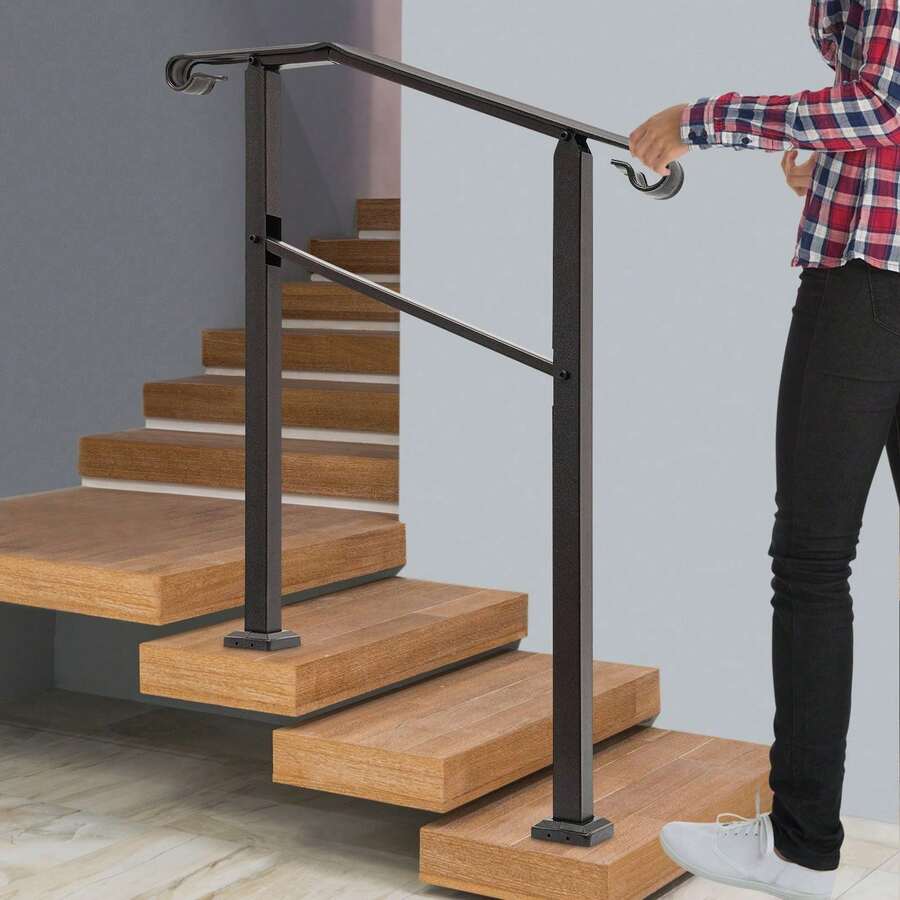1pc 98*96cm Dark Brown Carbon Steel Handrails For Outdoor, Modern Staircase Handrail, Free Standing 3-Step Handrail For Porches For The Elderly, Children, Disabled, Post-Operative People, Balconies, Gardens, Residential/Office Buildings - B - View 1