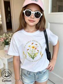 Summer & Autumn Girls' Cotton Short Sleeve T-Shirt, Cute Sweet Girly Preppy Style With Fun Printed Graphics - White - View 1