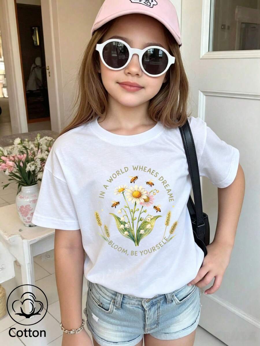 Summer & Autumn Girls' Cotton Short Sleeve T-Shirt, Cute Sweet Girly Preppy Style With Fun Printed Graphics - White - View 1