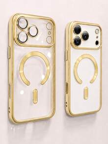 VRNOEI 1件高品質金色透明磁吸手機殼，適用於 iPhone 17ProMax 17Pro 11 12 13 14 15 16 17 Pro Max，支援磁吸無線充電，防震保護殼 - 金色 - 查看 1