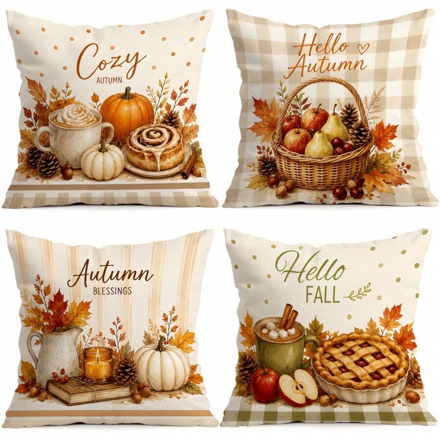 4pcs/1pc Autumn Dessert Fruit & Vegetable Plaid Pattern Pillow Case, Single-Sided Printed Pillow Case, Suitable For Living Room, Bedroom, Home Decor, All-Season Pillow Case - Multicolor 02 - View 1