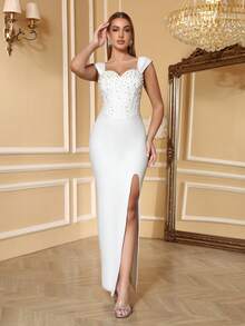 Women's Pure White Elegant Heart-Neckline Wide Strap Pearl Rhinestone Evening Birthday Party Graduation Prom Holiday Dress - White - View 4