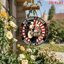 A 2D Flat Wooden Sign With The Text "Not Fragile Like Flowers, Fragile Like Bombs". This Round Badge Features A Tattooed Woman And A Floral Sunburst Pattern, With Pre-Drilled Holes As Shown In The Size Chart - Multicolor - View 6
