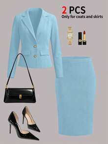 Women's Spring/Autumn Elegant Commute 2 Pieces Set, Short Waist-Cinching Vintage British Style Faux Pocket Button Detail Blazer - Sky Blue - View 2