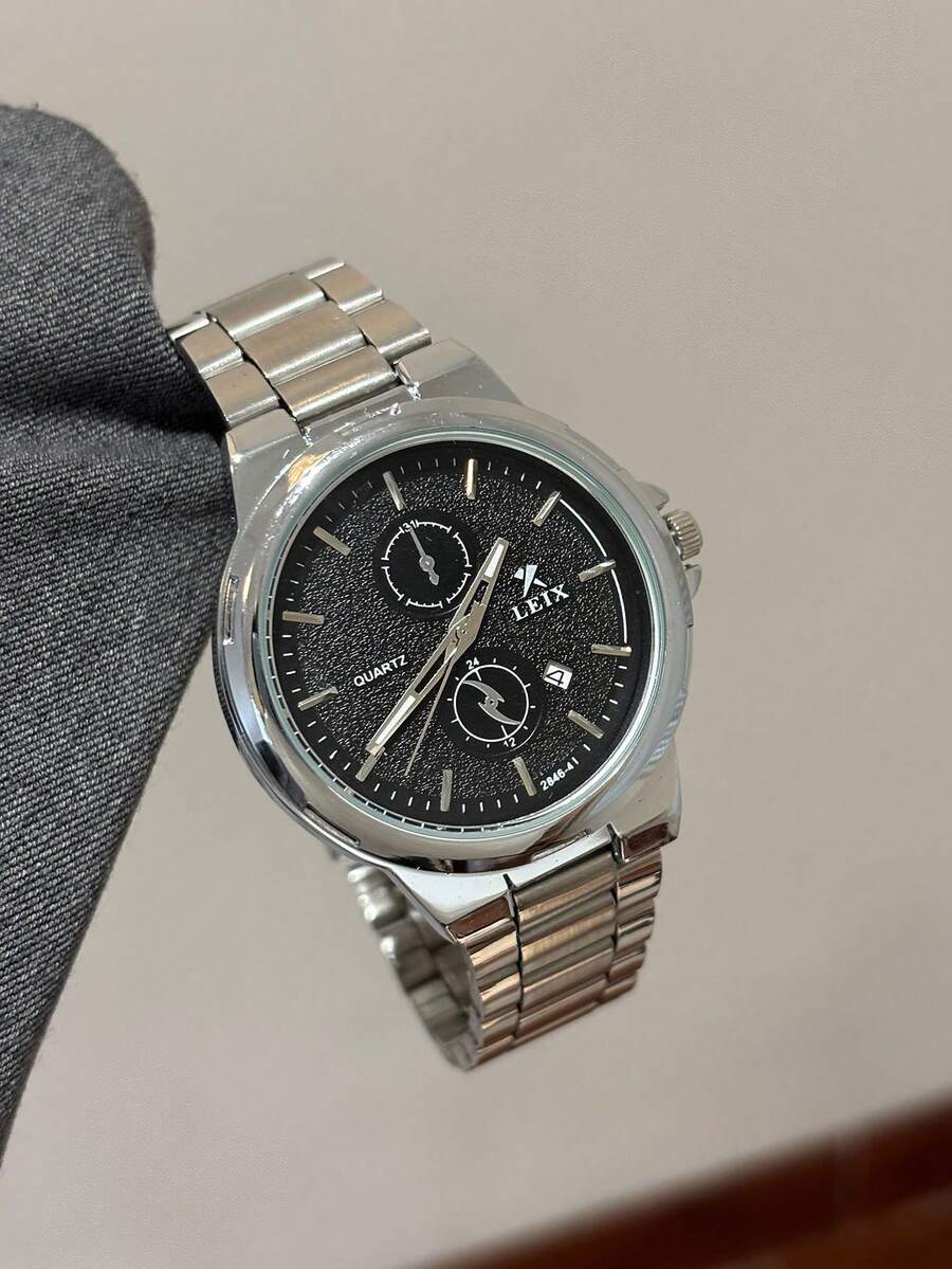 1pc Men's Black Dial Exaggerated Oversized Dial Silver Stainless Steel Band Watch, Suitable For Business, Meetings, Parties, Without Box - Black - View 1