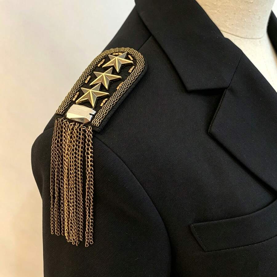1pc Vintage Star Rivet Chain Tassel Shoulder Epaulette, Detachable Brooch Shoulder Ornament, Suit Jacket Decoration Accessory, Suitable For Stage Party Performance Costume - Gold - View 1