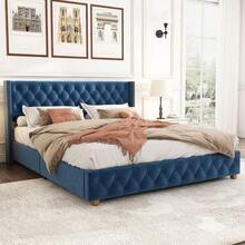 With Slatted Base And Headboard, Button Tufting, Rivet Decoration, Wooden Legs, Linen - 藍色 - 查看 6