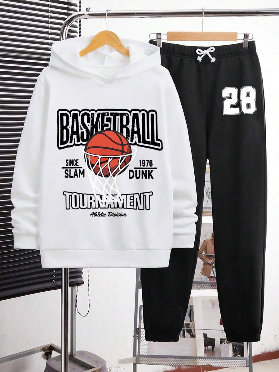 Boys' Cartoon Pattern Warm Hoodie And Sweatpants - White - View 1