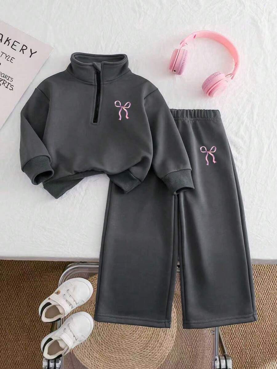Girls Cartoon Heat Transfer Print Solid Color Sportswear Set, Minimalist Design, Comfortable For Spring, Autumn, Winter, 2 Pieces Set - Grey - View 1