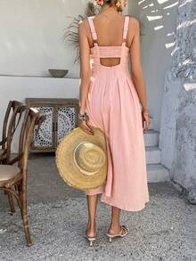 Women Pink Cutout Midi Dress, Pleated Back Smocked Square Backless Summer Fall Business Office Workwear Back To School Y2K Going Out A Line Dress - Pink - View 2