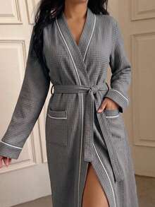1pc Women's Casual Vacation Bathrobe, Spring/Summer, Striped Trim, Pocket, V-Neck, Open Front, Waist Tie, Luxury Charm Home Robe - Dark Grey - View 3