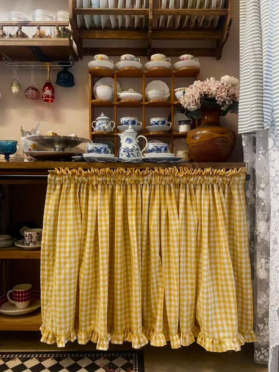 1pc Yellow Plaid Short Curtain, Korean Retro Style, Half-Length Window Curtain, Cabinet Cover, Bathroom Small Window Curtain - Multicolor - View 1