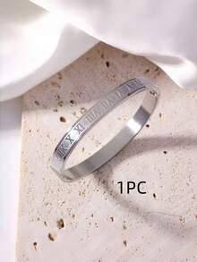 5PCS/1PC Stainless Steel Bracelet, Roman Numeral & White Shell Inlaid & Rhinestone Bracelet, Stackable Jewelry Gift For Women - Silver - View 2