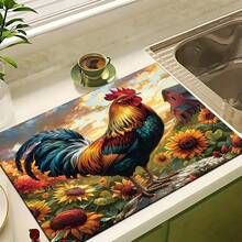 1pc Sunflower And Rooster Pattern Printed Diatomaceous Earth Kitchen Drain Mat, Absorbent Dish Drying Mat, Coffee Machine Mat, Dishwashing Mat, Sink Mat, Kitchen Countertop Protector Mat, Suitable For Cups, Plates, Tableware And Kitchen Decor - Multicolor - View 10