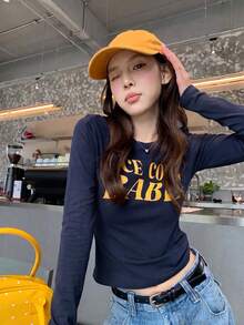 Atasan Kasual Wanita Lengan Panjang Pas Badan dengan Motif Huruf, Musim Gugur - Navy Blue - View 4