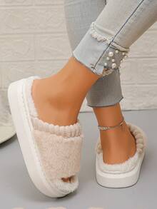 Plus Size 36-43 Women's Solid Color Casual Fairy Style Fuzzy Lined Soft Flat Half-Slip-On House Shoes, Thick Fleece Warm Indoor Slippers For Winter, Multiple Colors Available - Beige - View 3