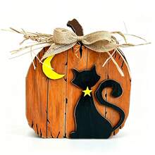 1/2pcs 3D Wooden Pumpkin & Black Cat Figurine Set, Vintage Halloween Desktop Decor, Freestanding Pumpkin Cat With Burlap Bow, Suitable For Tiered Tray, Fireplace Mantel, Indoor Home Party Decoration - Multicolor - View 13