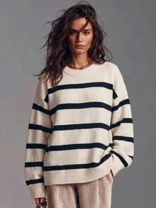 Black & White Contrast Crew Neck Loose Pullover Sweater, Women's New Spring/Autumn/Winter Minimalist Casual Commute Knit Top - Black and White - View 3