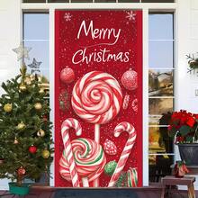2D Flat Christmas Door Curtain Decoration, Red Background With Red Lollipop Festive Design, Polyester Fabric, Holiday Hanging Decor, Suitable For Holiday Party Decoration, No Electricity Required, Home Gathering Party, Restaurant Christmas New Year Theme Party - A - View 2