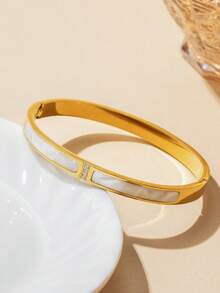 5 piezas/1 pieza Pulsera de acero inoxidable, pulsera con números romanos & concha blanca incrustada con strass, joyería apilable regalo para mujeres - Dorado - Ver 8