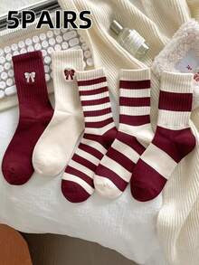 5 Pairs New Angola Red Socks, Breathable Moisture-Wicking Crew Socks, Unisex, Suitable For Christmas, Fall - Multicolor - View 1