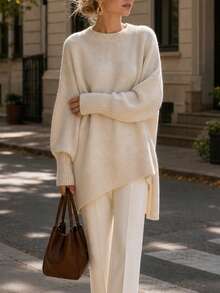Women's Ribbed Hem Solid Color Asymmetric Loose Pullover Sweater Long Sleeve Knit Top, Suitable For Autumn Wear - Apricot - View 5