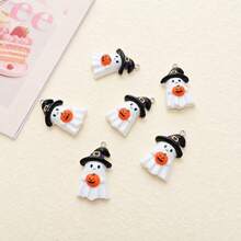 6pcs Resin Halloween White Ghost Pendants With Black Hat And Pumpkin, Suitable For DIY Jewelry Making, Perfect For Party Accessories, Earrings, Necklaces, Bag Charms - Black Hat Holding a Pumpkin Ghost Pendant - View 5