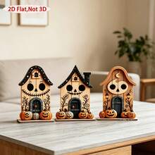3 Buah Ornamen Dekorasi Halloween Kayu, Motif Hantu & , Aksesori Kecil untuk Pintu Masuk, Rak Buku, dan Meja - A - View 5