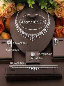 1 Set Luxury Elegant Inlaid Sparkling Cubic Zirconia Bouquet Design Jewelry Set Suitable For Women Wedding Banquet Wear Includes 1 Pair Earrings 1 Necklace 1 Bracelet 1 Ring Does Not Include Gift Box - Silver - View 6