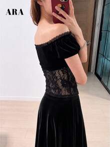 ARA CHIC Women Off Shoulder Velvet Lace Crop Top, Black Fall Puff Sleeve Sheer Fitted Top For Nightclub Halloween Holiday Party - Black - View 5